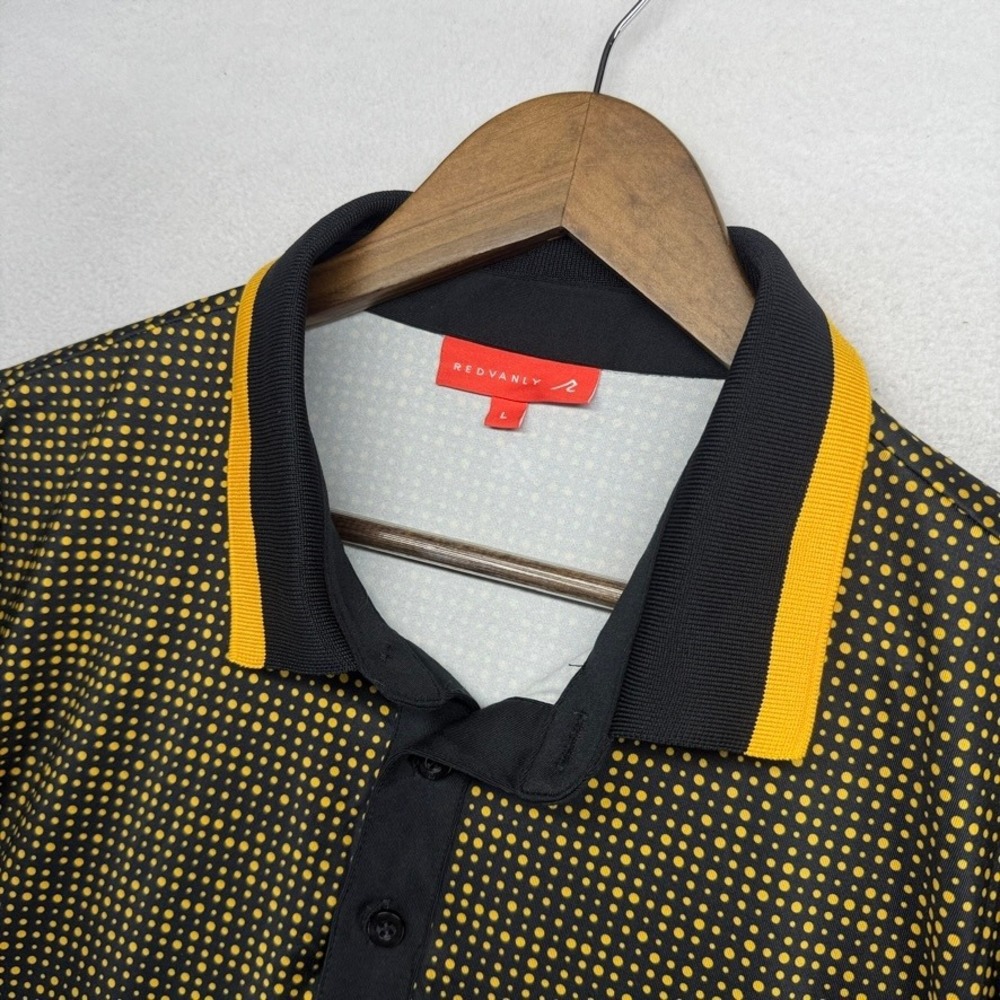 Redvanly Polo Shirt Mens Large Black Yellow Dot Golf Shirt Geometric Stretch